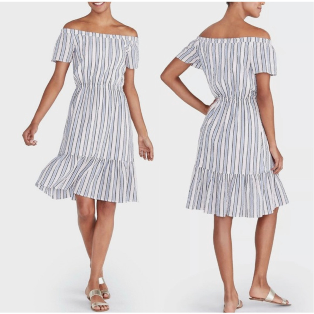J.Crew Mercantile Women Large Dress Cotton Off-The-Shoulder Striped Peasant